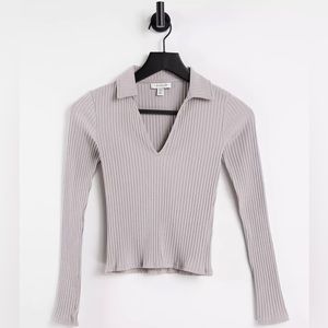 Top-shop long sleeve rib collar top in stone, SIZE: 4